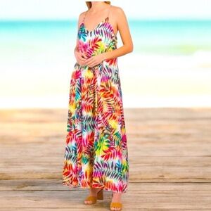 Nicole Miller N.Y. Women Tropical Fern Print Matte Charmuse Resort Maxi Dress 2X
